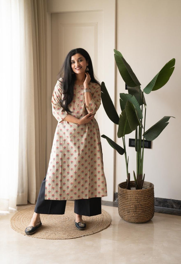Rusha Cotton Straight Kurta- Nude