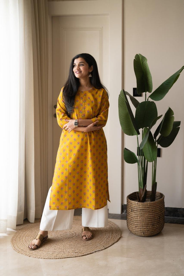 Rusha Straight Cotton Kurti- Mustard