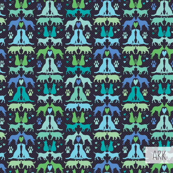 Seamless pattern of blue and green dog and cat silhouettes with hearts and paw prints on dark background
