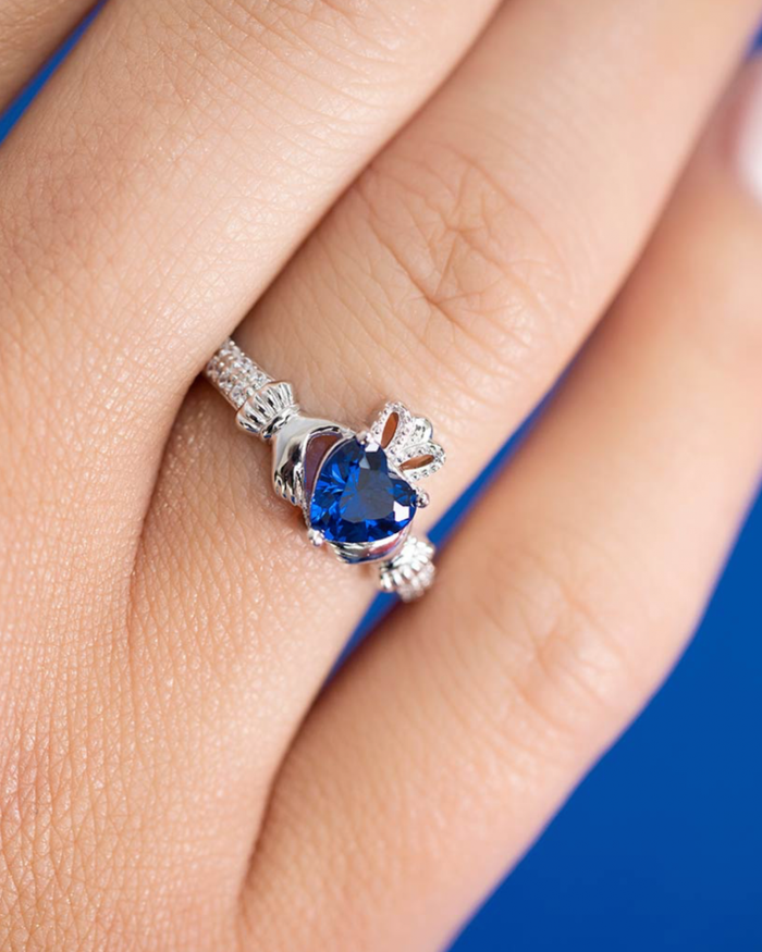 September Birthstone Sapphire Sterling Silver Claddagh Ring