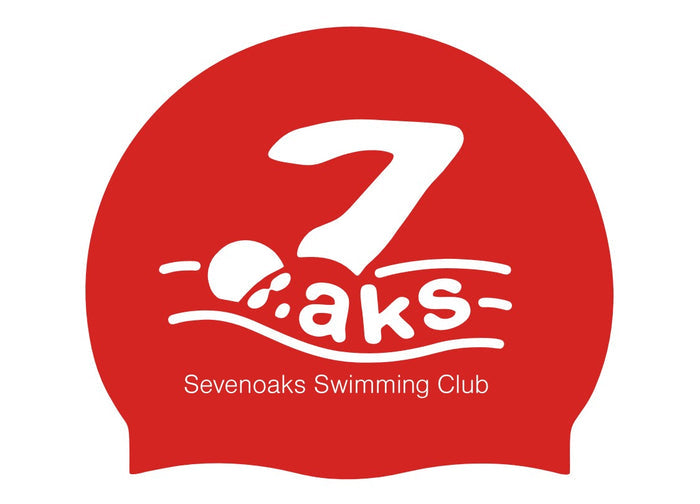 Red and white Sevenoaks club logo swimming cap by AK Club Kit, made for competitive or recreational swimming.