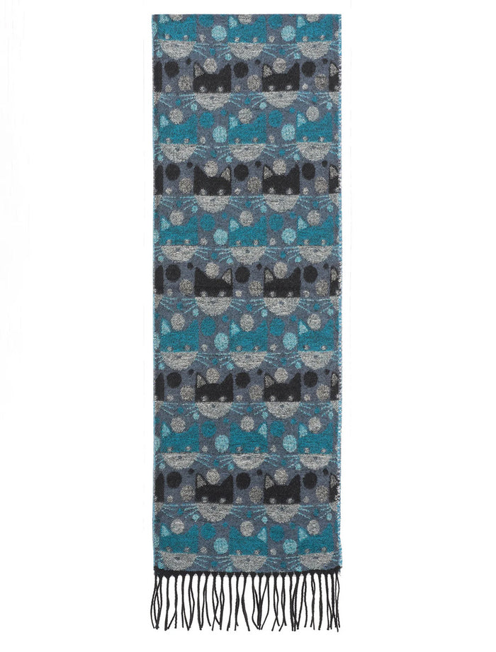 Soft Cat Motif Fringed Scarf - Turquoise Black #color_turquoise-black