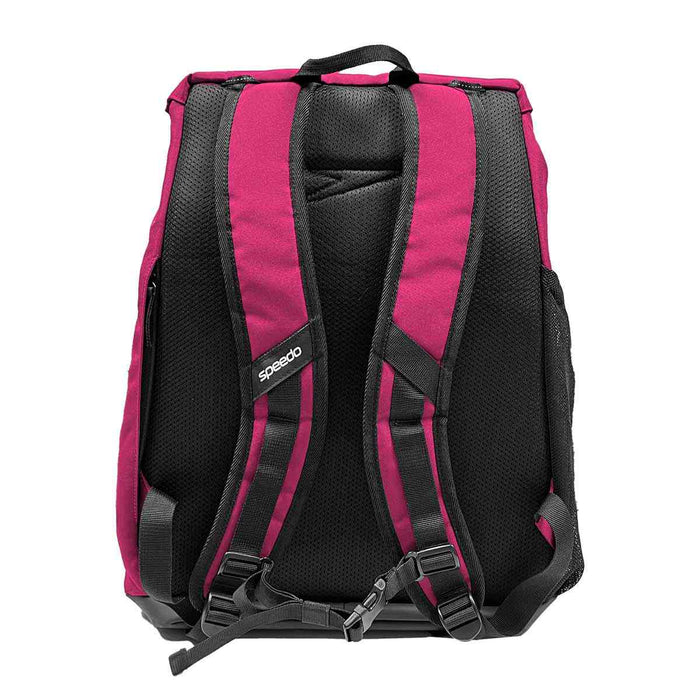 Pink Speedo 35L Team Backpack with adjustable straps and multiple compartments for sports gear and accessories.