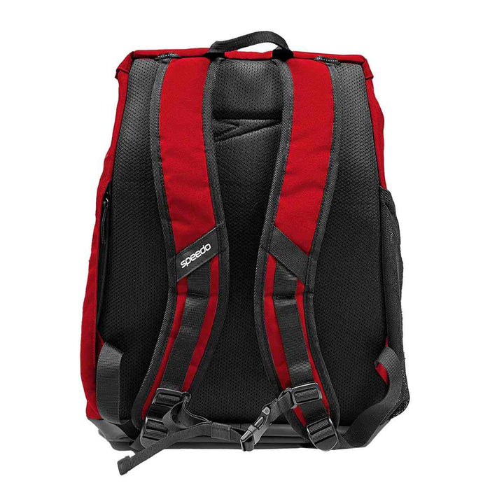 Red Speedo 35L Team Backpack with multiple compartments, ideal for swimmers and sports gear storage