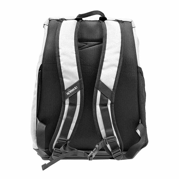 White Speedo 35L Team Backpack with adjustable straps and multiple compartments for sports and travel storage.