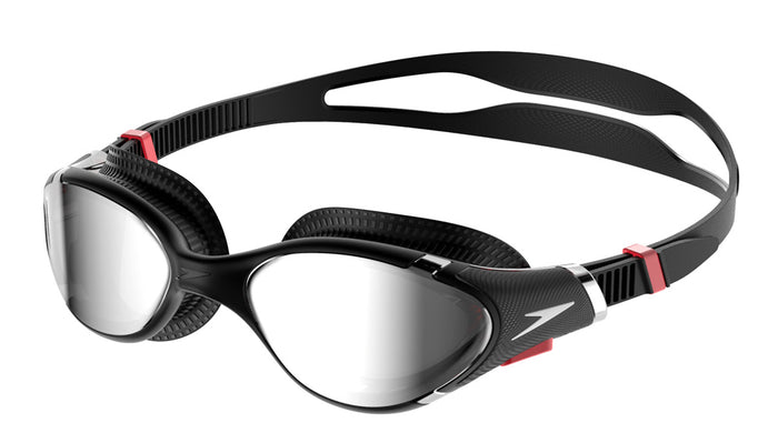 Speedo Biofuse 2.0 Mirror black swimming goggles with reflective lenses and comfortable fit.