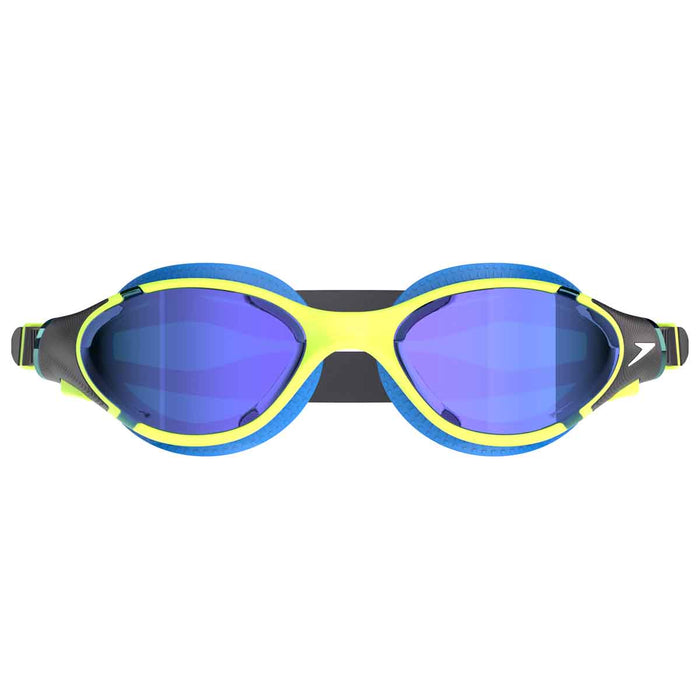 Speedo Biofuse 2.0 mirror goggles with electric lime, cobalt, and iris mirror lenses for swimming.