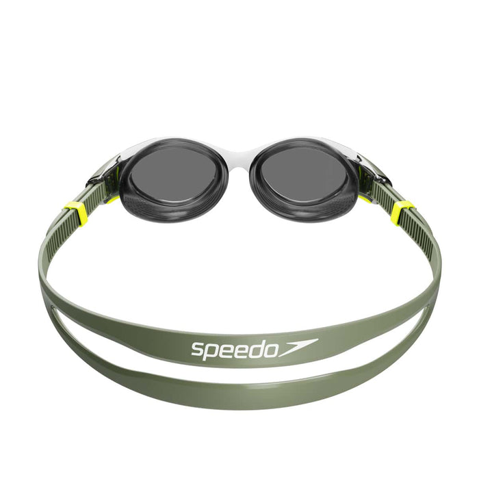 Speedo Biofuse 2.0 Polarised Female Goggles in green and white, with adjustable straps and tinted lenses for swimming.