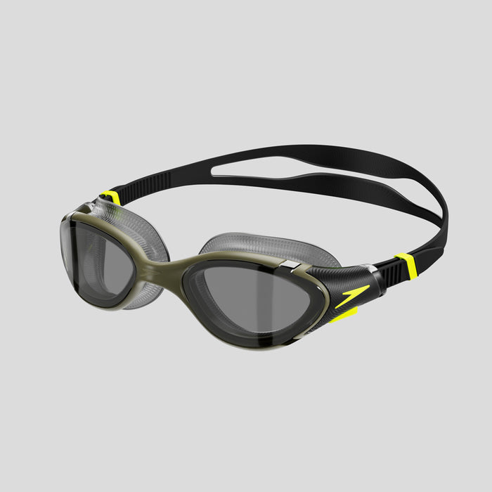 Speedo Biofuse 2.0 Polarised Goggles in black and green, featuring comfortable fit and UV protection for swimming.