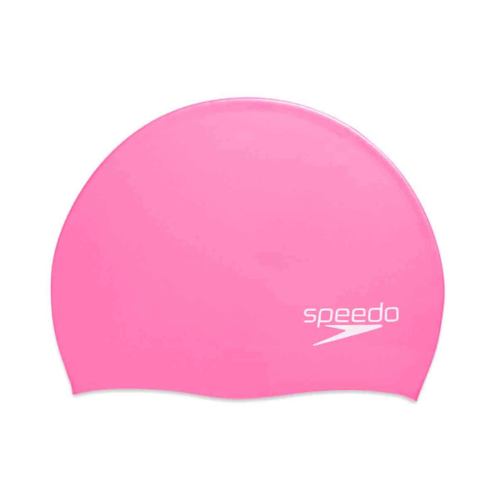 Pink Speedo Biofuse Solid Swimming Cap, stretchy silicone swim hat designed for comfort and smooth water glide.