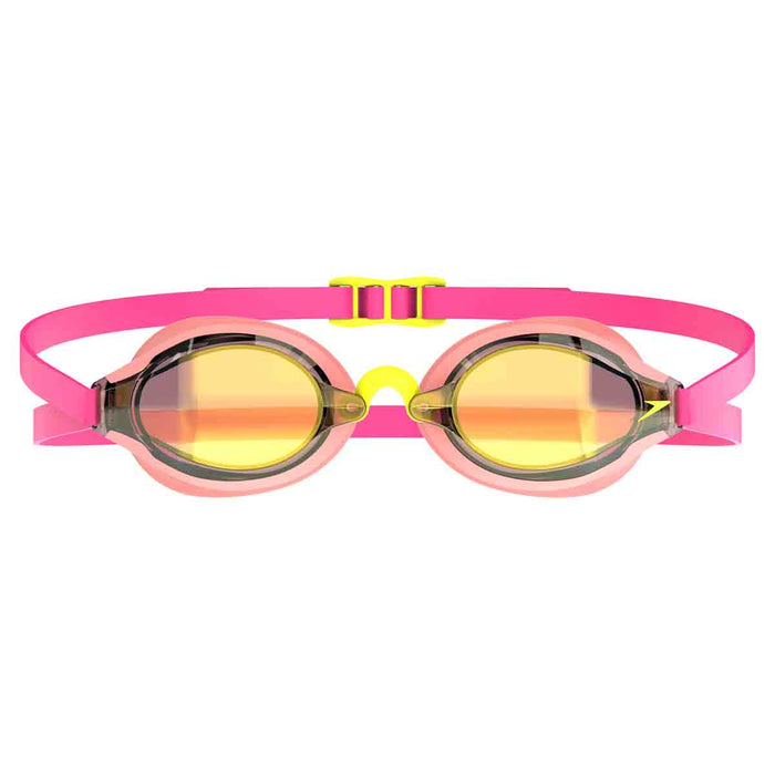 Speedo Fastskin Speedsocket 2.0 mirror goggles in green and pink, featuring a sleek design for competitive swimming.