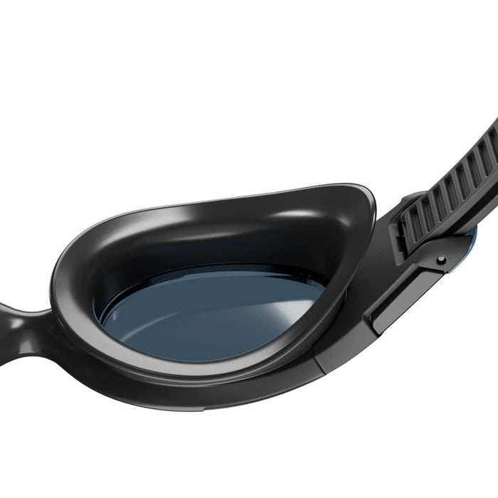 Speedo Hydrosity 2.0 black and grey swimming goggles with adjustable strap and clear lenses for competitive swimming.