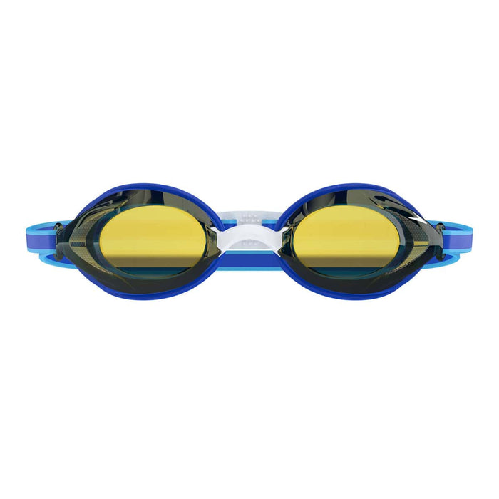 Speedo Junior Vanquisher 3.0 Mirror goggles in cobalt pop, featuring a gold mirrored lens and adjustable strap for kids' swimming.