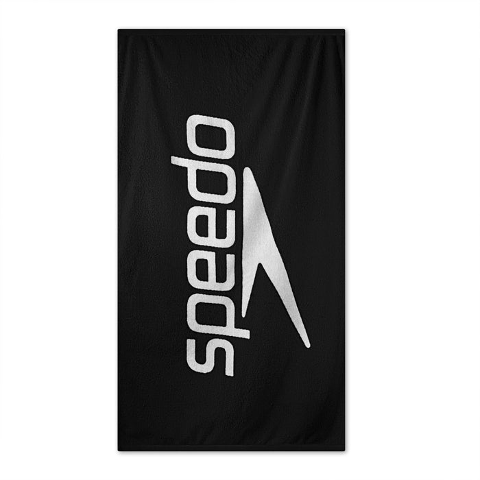 Black and white Speedo logo towel with soft, absorbent fabric, perfect for swimming and beach activities.
