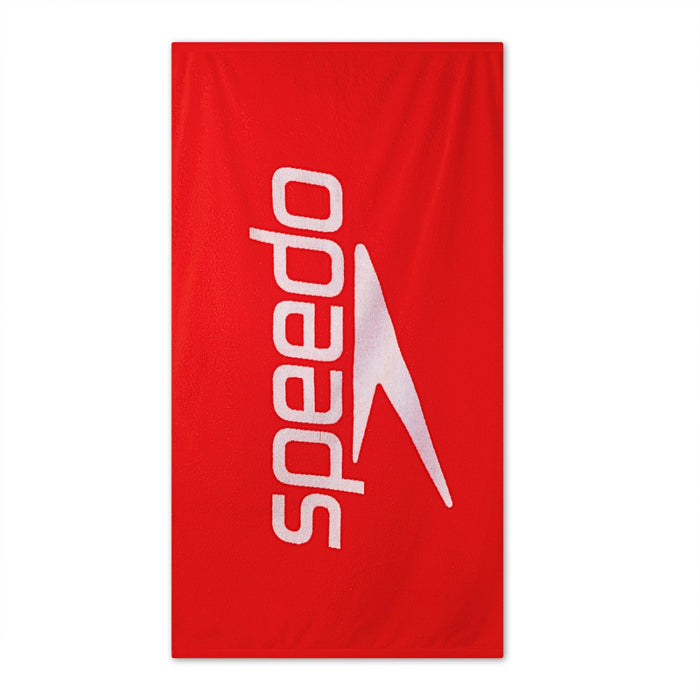 Speedo logo towel in red and white, featuring the Speedo branding on a soft, absorbent fabric towel.