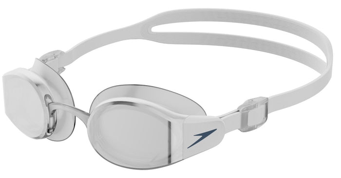 Speedo Mariner Pro Mirror goggles in white with adjustable strap and mirrored lenses for swimming comfort and clear visibility.