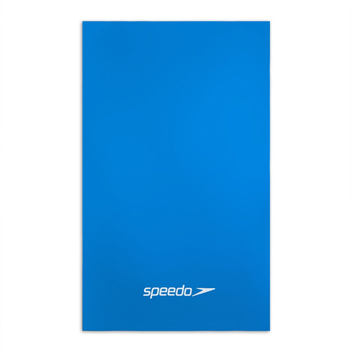 Blue Speedo microfibre towel spread out, showing soft, lightweight fabric ideal for swimming and beach use.