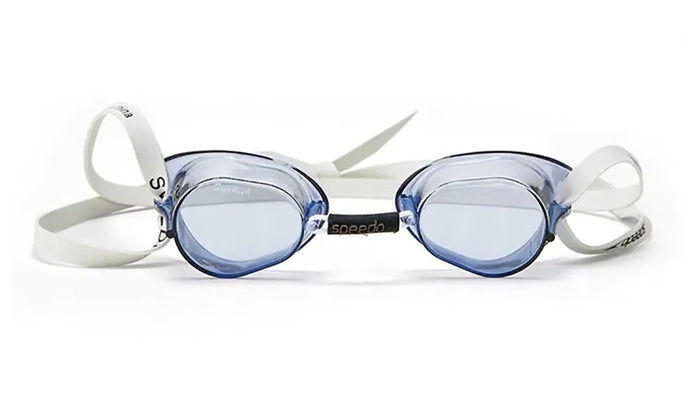Blue Speedo Swedish goggles with adjustable straps and clear lenses for swimming and water activities.