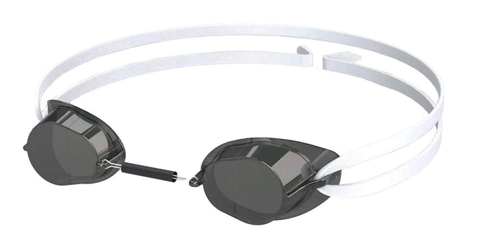 Speedo Swedish Mirror goggles with smoke and silver tinted lenses, designed for comfortable swimming and clear vision.