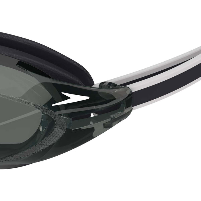 Speedo Vanquisher 3.0 swimming goggles in black and smoke tint, featuring a sleek design and adjustable straps for comfortable fit.