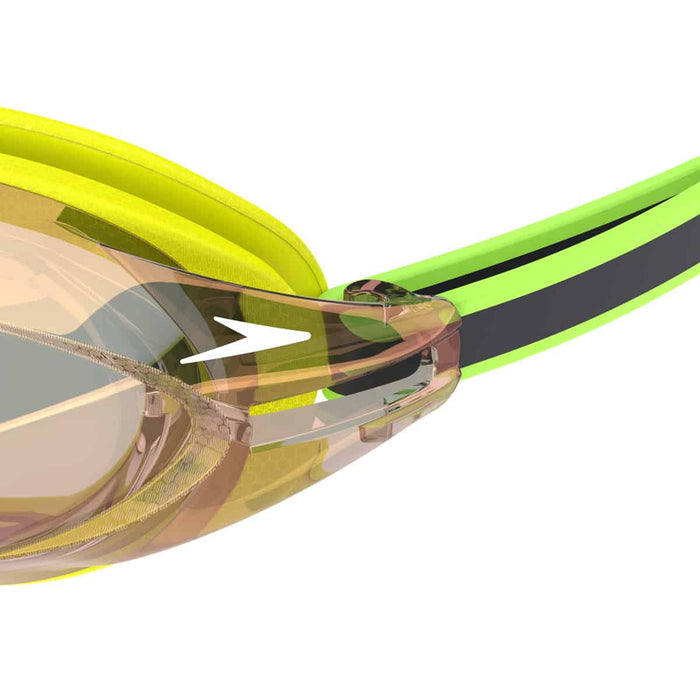 Speedo Vanquisher 3.0 mirrored goggles in hyper yellow, grey, and ablaze mirror with a sleek swim goggle design.