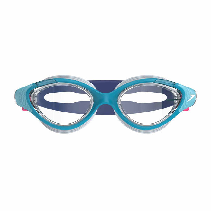 Speedo Women's Biofuse 2.0 swimming goggles in blue with clear lenses and adjustable strap for comfortable fit.
