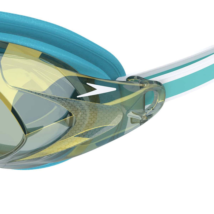 Speedo Women's Vanquisher 3.0 Mirrored Goggles with Bachelor Button, Celeste and Gold Mirror lenses, for swimming and water sports.