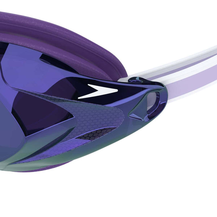 Speedo Women's Vanquisher 3.0 Mirrored goggles in Purple Haze, Iris, and Silver Mirror with tinted lenses for swimming.
