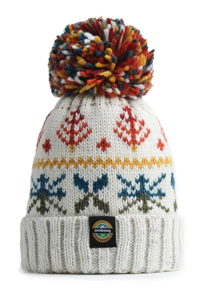 Swimzi Autumn Nordic knit super bobble hat in multi-color with a cozy, chunky design and large pom-pom on top.