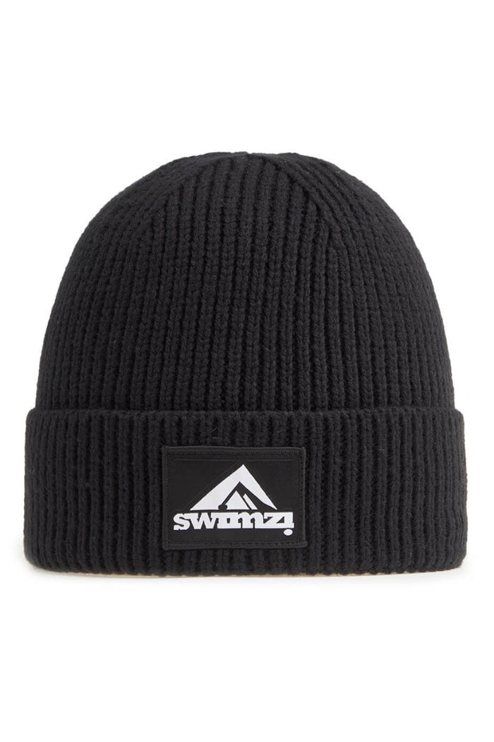 Black Swimzi Beanie Hat for men and women, made of cozy knit fabric, stylish and warm for winter wear.