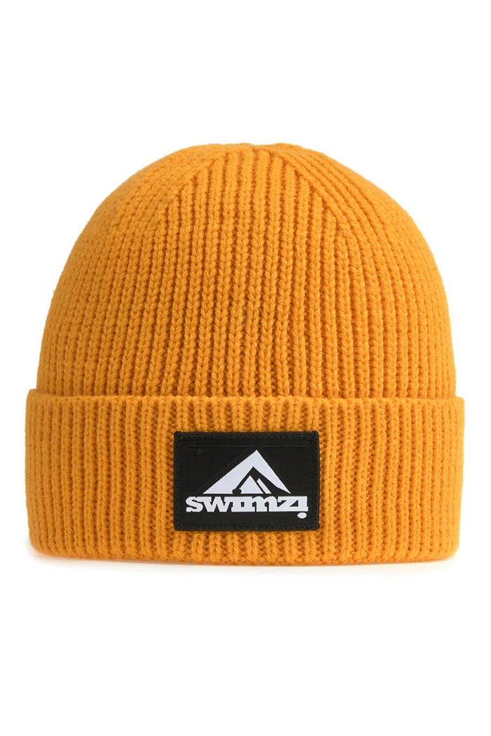 Yellow Swimzi beanie hat made of soft knit material, designed for warmth and comfort, by Swimzi in the Hats & Caps category.