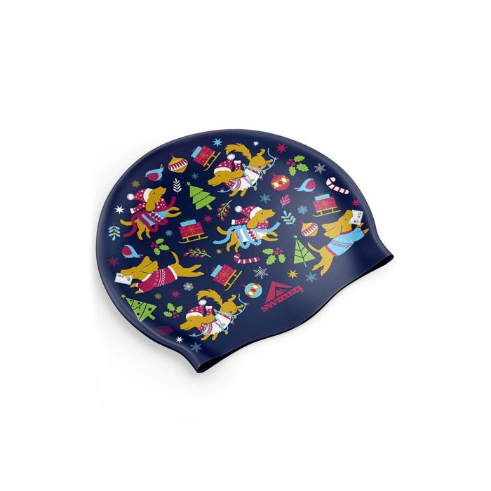 Swimzi Christmas Dogs Navy Swim Cap, a playful silicone swim hat featuring festive dog patterns for holiday swimming.
