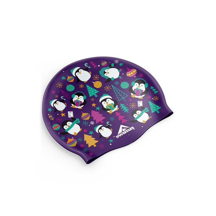 Purple Swimzi Christmas Penguins swim cap, colorful swim hat featuring festive penguin design for swimmers