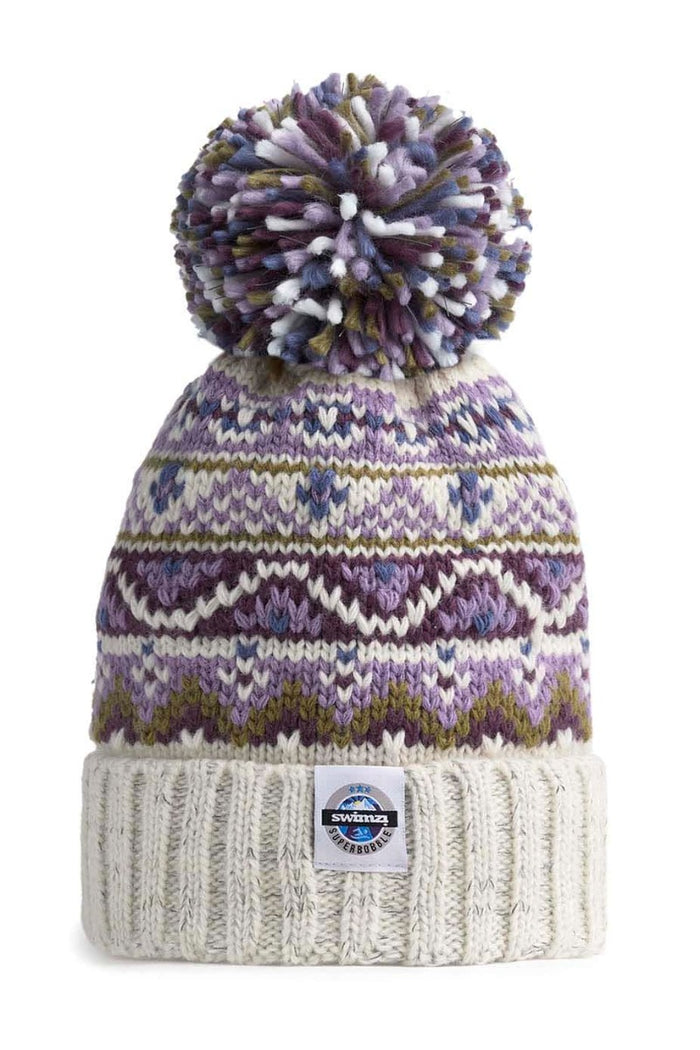 Swimzi Heather Fairisle Knit Reflective Super Bobble Hat in multi-color, cozy knit with a large pom-pom, ideal for cold weather.