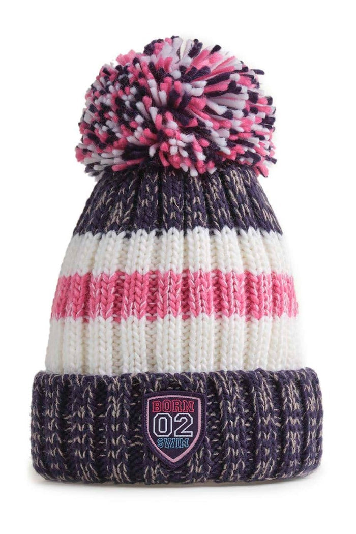Swimzi navy and pink ribbed reflective super bobble hat, a stylish knit cap with a pom-pom, suitable for cold weather.
