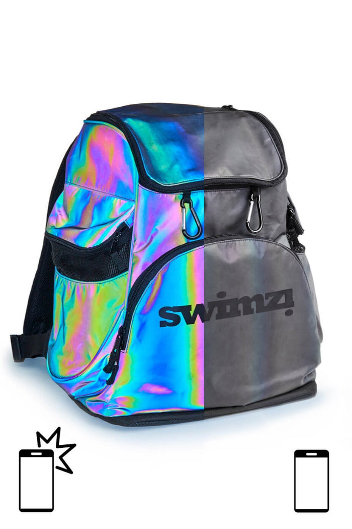 Swimzi No.1 Swimmers 45L backpack with adjustable straps and multiple compartments, designed for swimmers and outdoor activities.