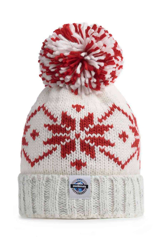 Swimzi Ruby Flora Nordic reflective super bobble hat in white, stylish winter hat with reflective details and cozy design.