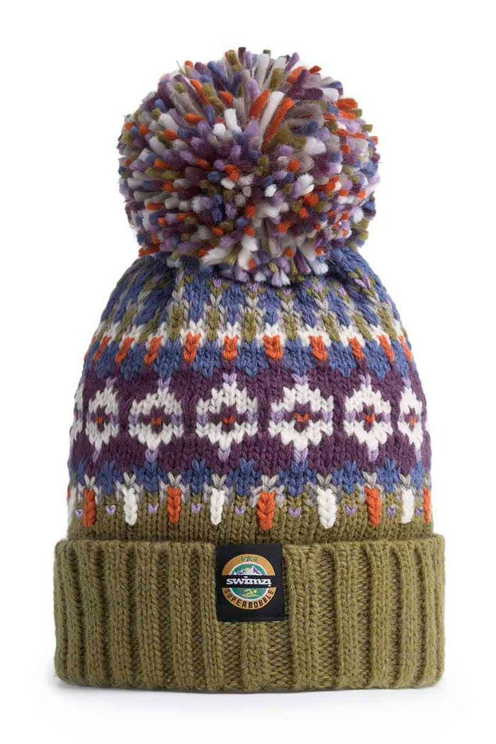 Swimzi Tundra Fairisle Knit Reflective Super Bobble Hat in multi-color, featuring a cozy knit pattern and a large fluffy pom-pom.