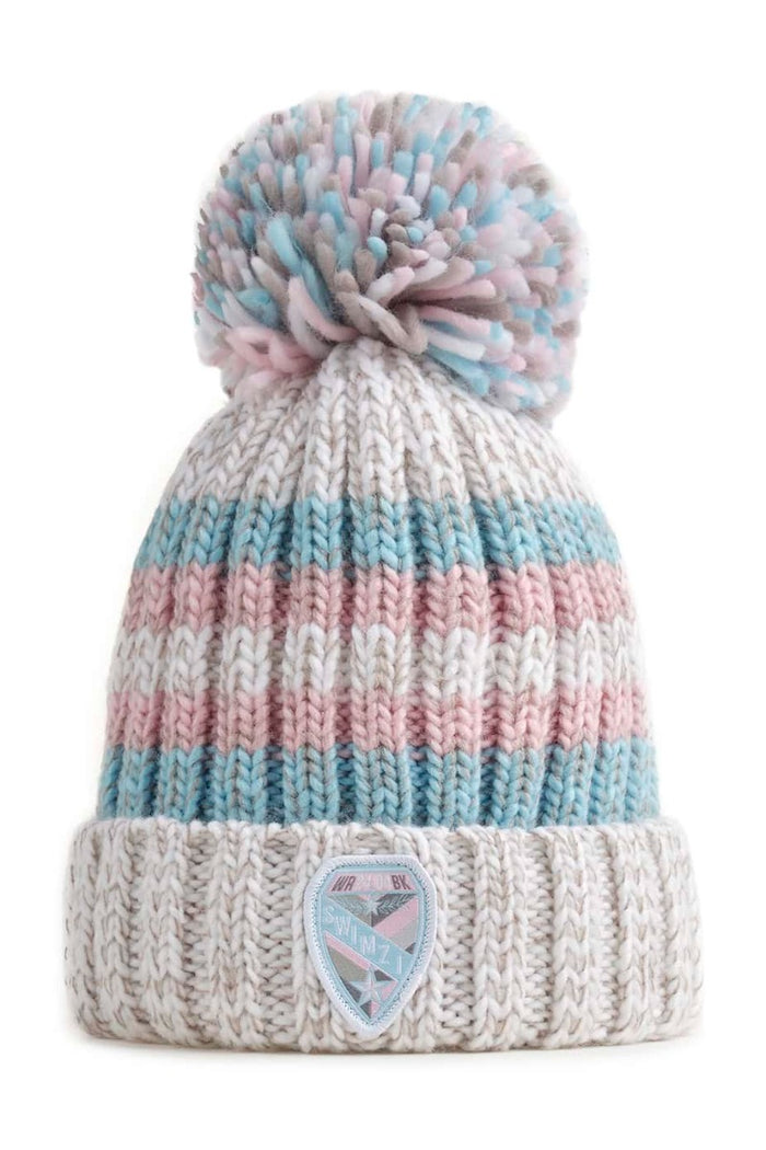 Swimzi Winter Pastels Reflective Super Bobble Hat in multi colors, a cozy knit hat with a large fluffy bobble and reflective details.