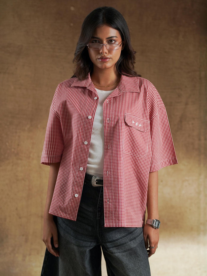 Back view of red check shirt on model - GROOVY Pakistan