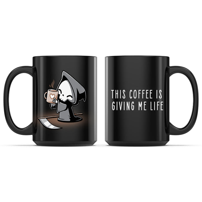 Ceramic Mug_TeeTurtle This Coffee Is Giving Me Life black mug featuring the Grim Reaper holding up a cup of coffee.