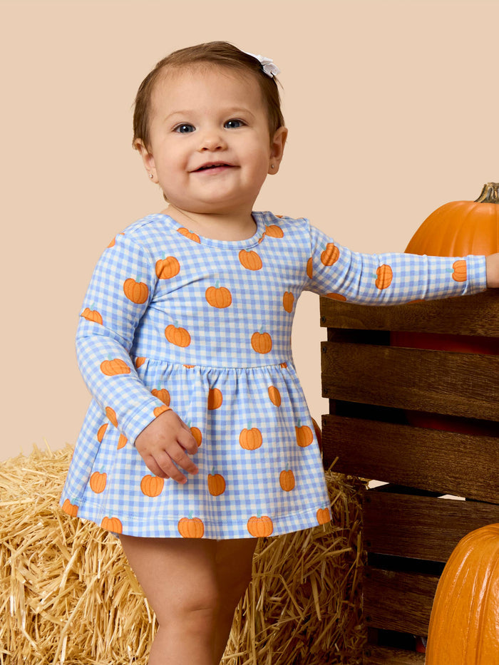 Top Bloomer Set Baby Pumpkin Patch Gingham Knit Long Sleeve Twirl Top & Ruffle Bloomer Girls