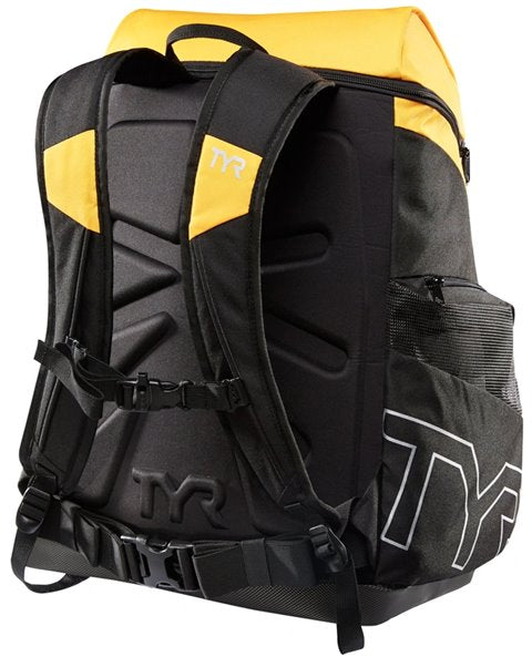 Black TYR Alliance 45L backpack with multiple compartments and padded straps, ideal for sports and travel.