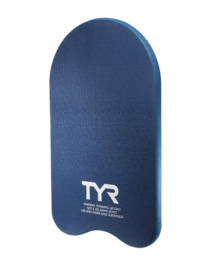 Blue TYR Classic Kickboard used for swimming training, featuring a sturdy foam construction and ergonomic design.