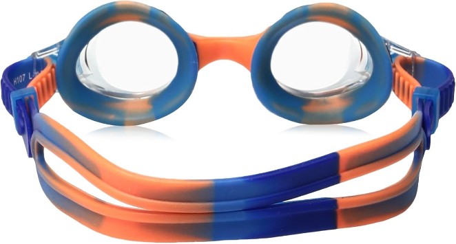 TYR Junior Swimple tie-dye goggles in blue and orange with adjustable straps and clear lenses for young swimmers.