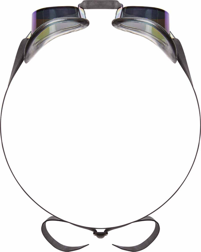TYR Socket Rocket 2.0 Mirror Goggles with metallic fire finish, designed for swimming, featuring reflective mirrored lenses.