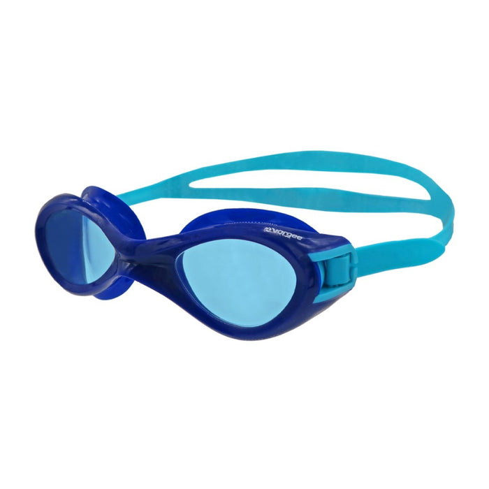Vorgee Exceed tinted lens goggles in navy and aqua with adjustable straps and swim-ready design.