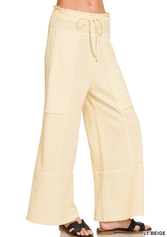Washed Terry Wide Leg Pants - Light Beige