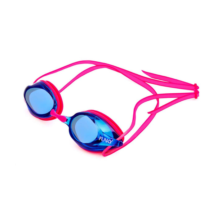 Way Funky Eye Candy Training Machine mirrored goggles in pink and blue with reflective lenses for swimming or training.