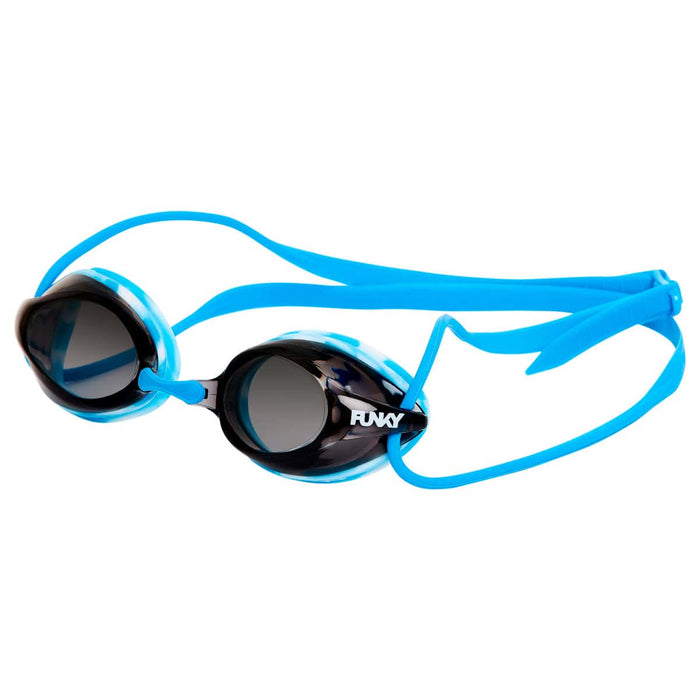 Way Funky Perfect Swell Training Machine Goggles in blue, white, and smoke with adjustable straps and clear lenses for water sports.